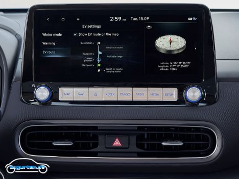 Hyundai Kona Elektro 2022 (Facelift) - Infodisplay - als Touchscreen.
