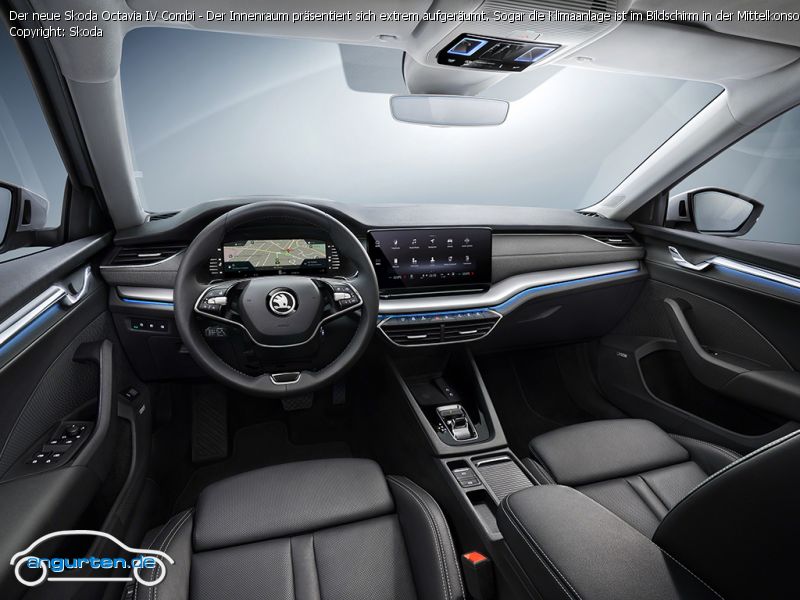 Foto (Bild): Der neue Skoda Octavia IV Combi - Der Innenraum präsentiert  sich extrem aufgeräumt. Sogar die Klimaanlage ist im Bildschirm in der  Mittelkonsole ()