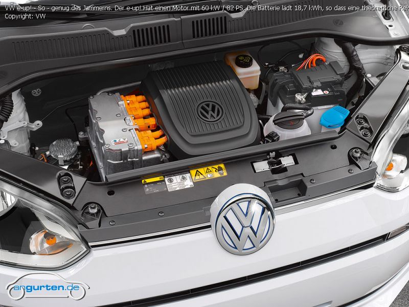 Foto (Bild): VW e-up! - So - genug des Jammerns. Der e-up! Hat einen Motor  mit 60 kW / 82 PS. Die Batterie lädt 18,7 kWh, so dass eine theoretische  Reichweite von