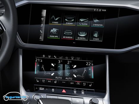 Audi A6 allroad quattro 2020 - Weitgehend digitale Mittelkonsole mit zwei Bildschirmen.