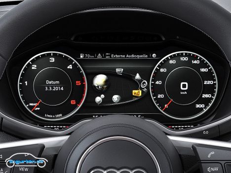 Audi TT Coupe 2014 - Das Instrumentendisplay stellt alle Infos dar. Auch für Multimedia ist es zuständig. Kein weiterer Bildschirm also.