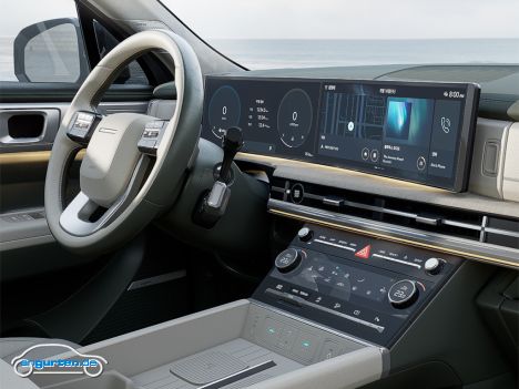 Zusätzlich zu den beiden nebeneinander angeordneten Bildschirmen gibt es im neuen Hyundai Santa-Fe weiterhin eine separate Steuerung für Lüftung, Klima und Steuerung des ganzen. Sogar mit Knöpfen.