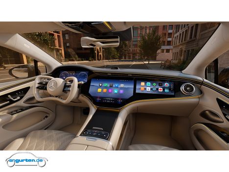 Mercedes EQS 2027 - Im Innenraum fällt vor allem das futuristische Lenkrad auf, das sich aber gut in die Raumschiff-Atmosphäre integriert.