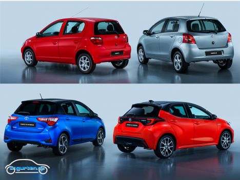 Vier Generationen des Toyota Yaris (Heck)